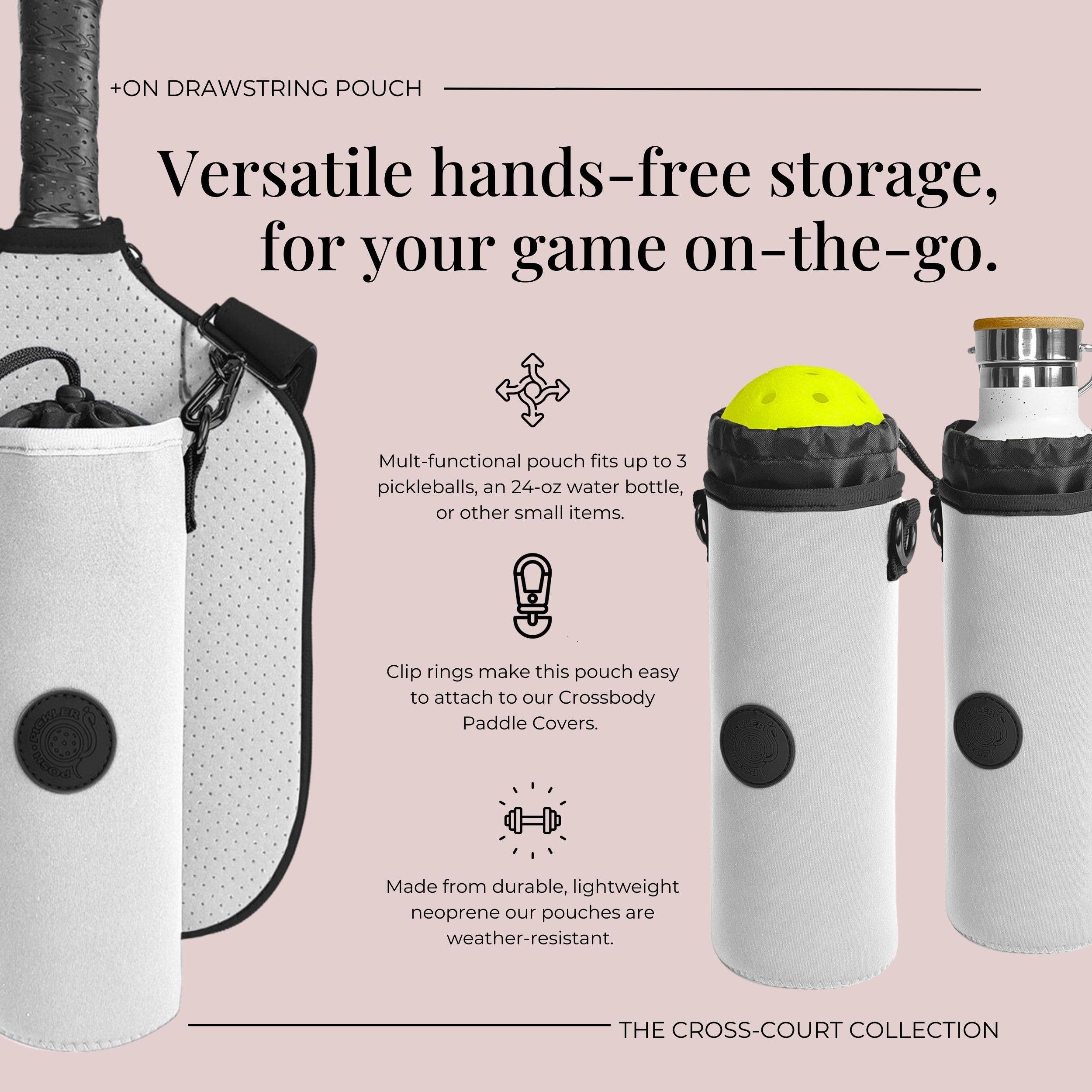 Posh Pickler Pickleball - Wholesale Sporting Accessories - Clip-On Water Bottle / Pickleball drawstring pouch - White1