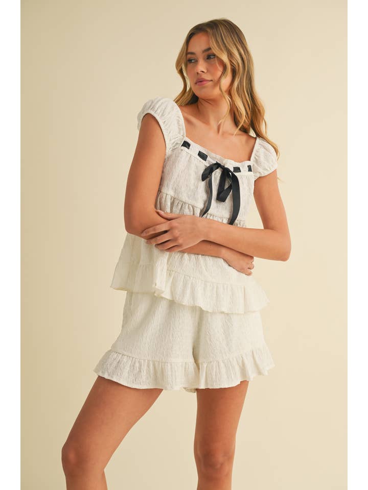 Klesis - Wholesale Lounge Set - Women's - IST5888 CONTRAST RIBBON RUFFLED HEM TOP AND SHORTS SET16