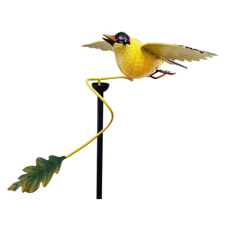 Single Metal Rustic Spinning Rustic Goldfinch Garden Stake for wholesale by Continental Art Center