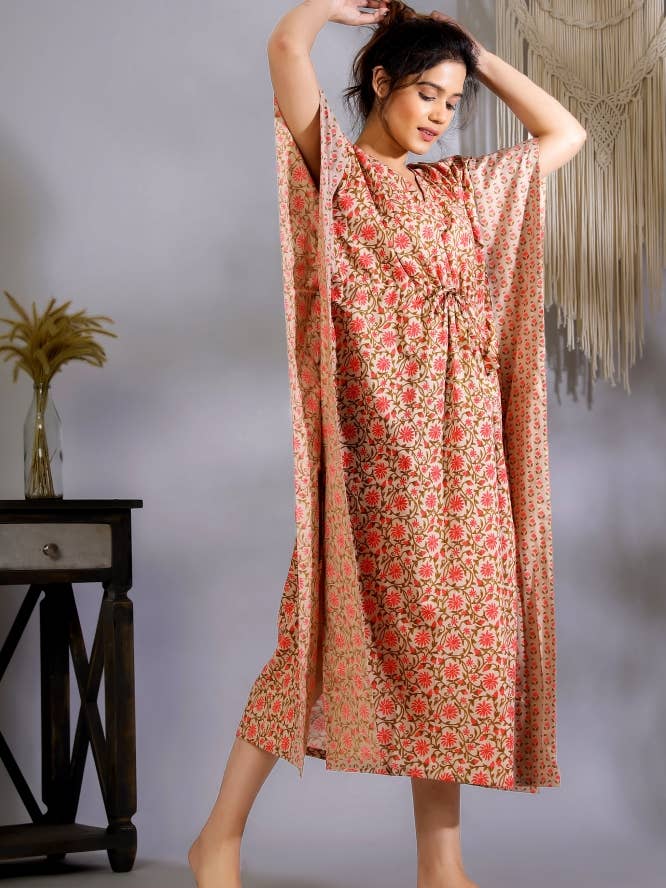 Kvinder Tunika V-hals Casual Loose Flowy Beige kaftan kjole for engroshandel hos NEOSTITCH LLC