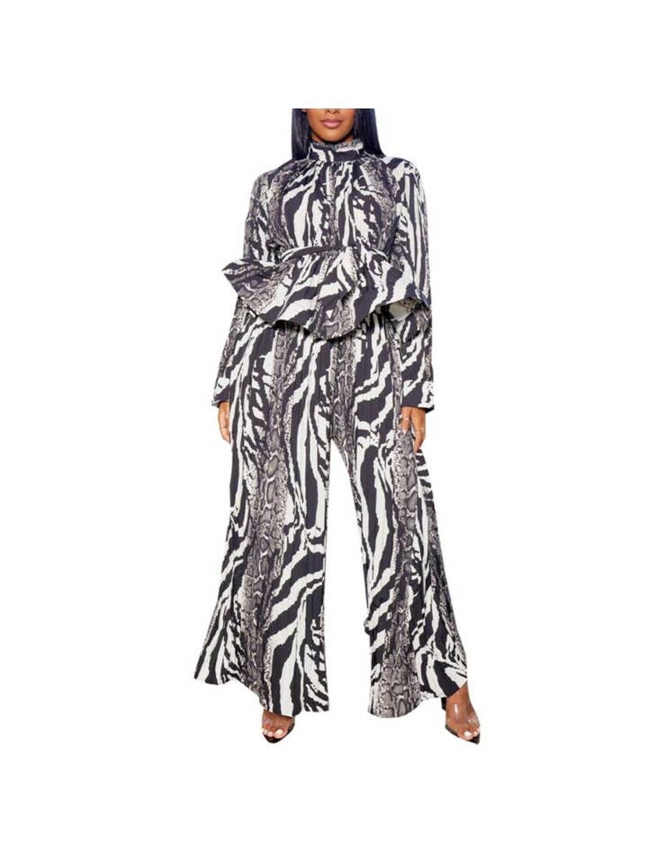 pinkblu02 - Wholesale Top & Pant Set (NOT Loungewear) - Women's - Lantern Long Sleeve Wide Leg Pants Casual Printed Two-Piece Set