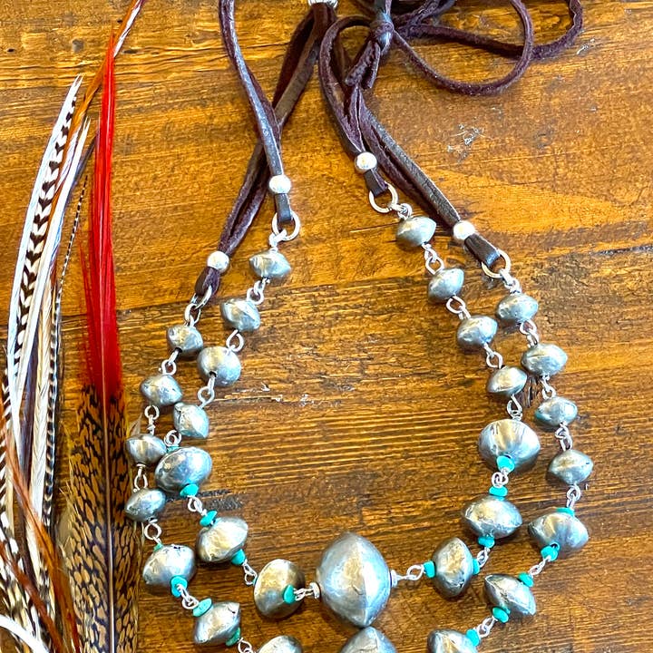 Fleurdesignz Western Jewelry - Wholesale Beaded/Pearl Necklace - Silver Bicone and Kingman Turquoise Necklace