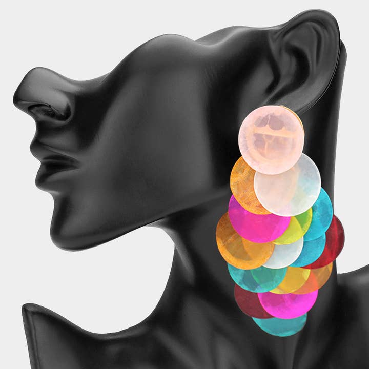 Sensibling Corp. - Wholesale Dangle Earrings - Oversized Transparent Colored Resin Disc Layered Chandelier Earrings5