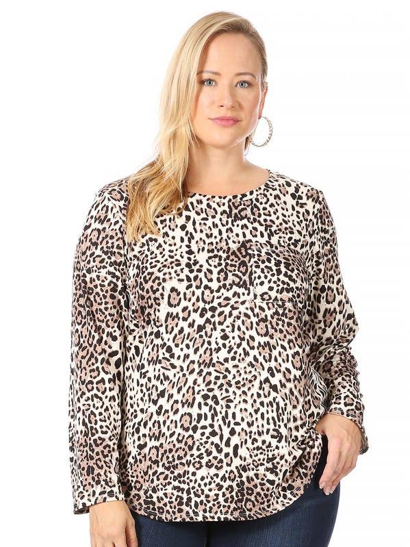 Plus Børstet Dyr Langærmet Rund Hæm Top Med Lomme for engroshandel hos VIBE Apparel Co