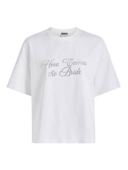 BRIDEMERCH – wholesale Screen printed t-shirt – Women′s – HERE COMES THE BRIDE RHINESTONE CREW