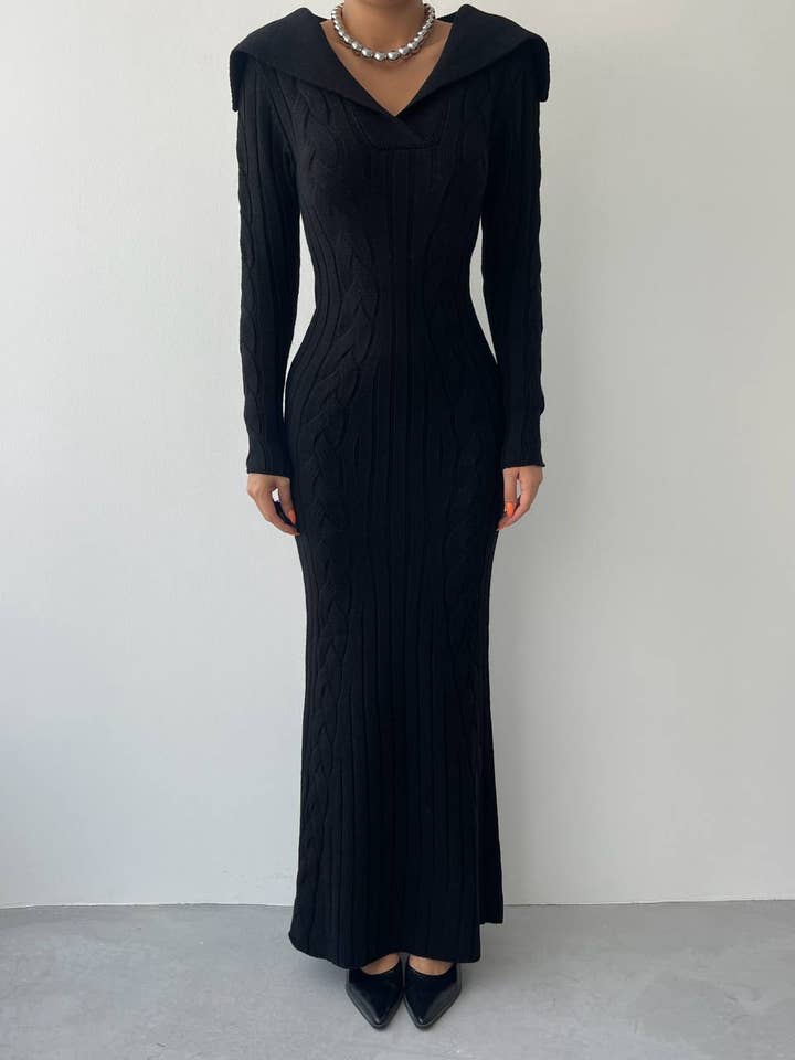 Design company-Fatma Balkir - Wholesale Dress - Women's - Wide Collar Cable Knit Long Slim Dress – Fitted Tricot dress2