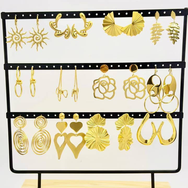COSMOS - Wholesale Jewelry Set - Lot of 12 pairs of stainless steel earrings on display0