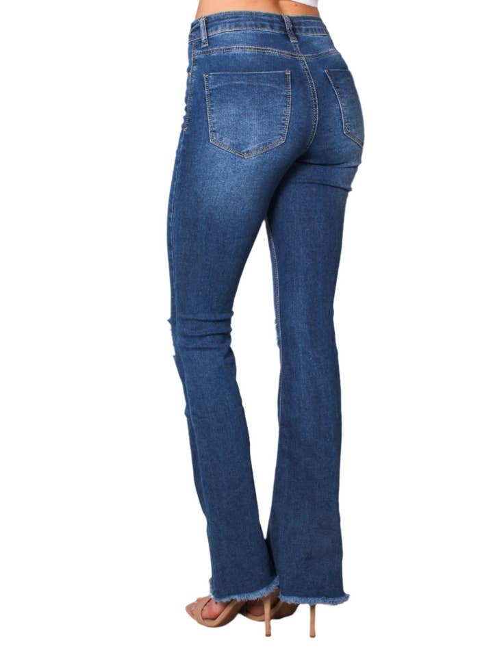 Good Stuff Apparel - Wholesale Jeans - Women's - Women's High Waist Five Buttons Tattered Flare Jeans