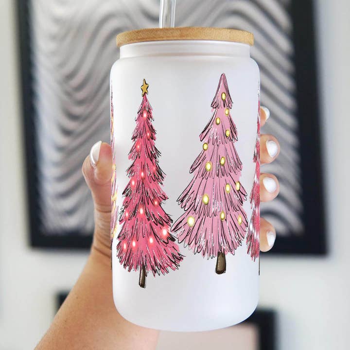 Sip-Sip Hooray! - Wholesale Drinking Glass/Cup - Pink Christmas Trees Cup With Lid and Straw0