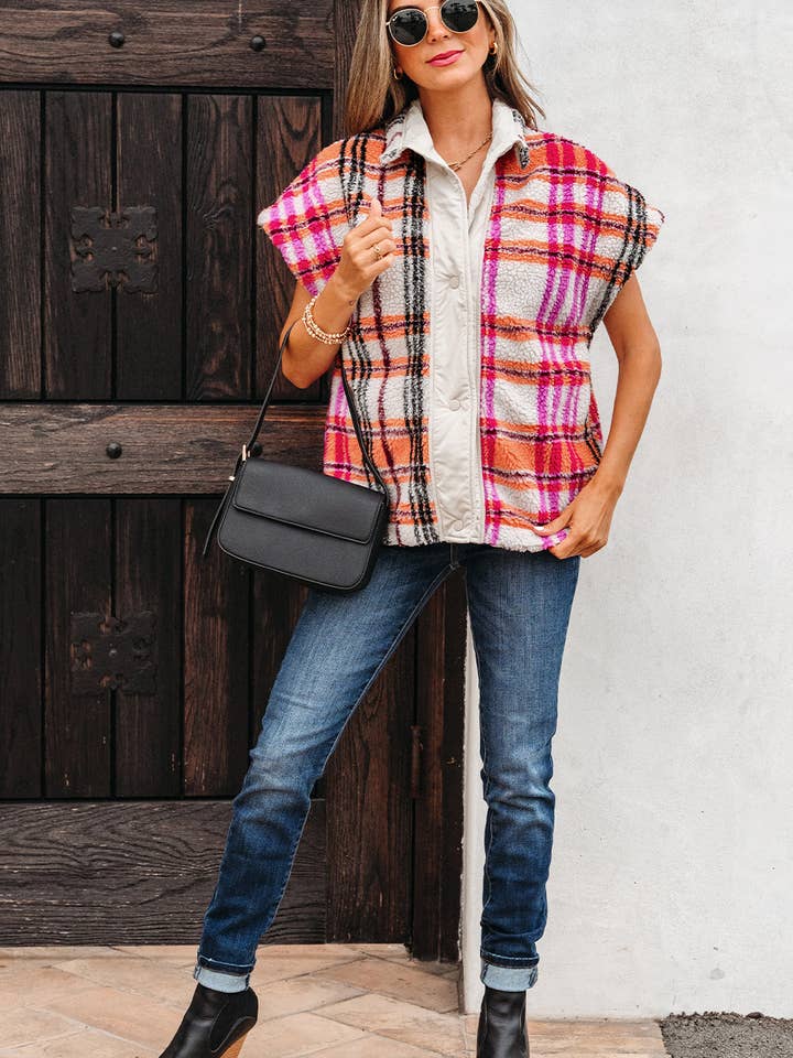 Rose Plaid Sherpa Buttoned Jacket Vest for wholesale on Faire3