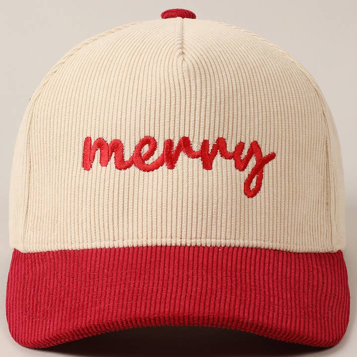 Fashion City - Wholesale Baseball cap – Unisex - Merry Text Embroidery Two-Tone Corduroy Cap1