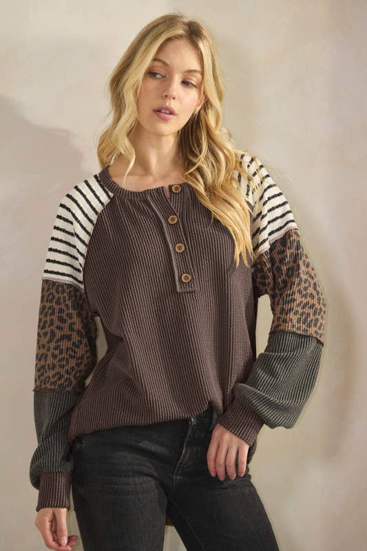 HEIMISH - Wholesale Tunic - Women's - ET7989-10 LONG SLEEVE SOLID AND PRINT URBAN RIB CONTRAST TOP11