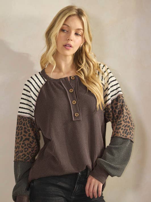 HEIMISH - Wholesale Tunic - Women's - ET7989-10 LONG SLEEVE SOLID AND PRINT URBAN RIB CONTRAST TOP11