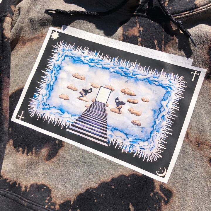 "Into the Light" Black Bleached Graphic Hoodie - Streetwear for wholesale by Flow Era