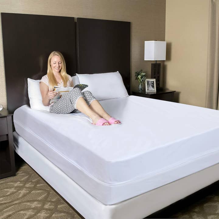 White Mattress Encasement Waterproof Zippered Fitted Bed Cover for wholesale on Faire