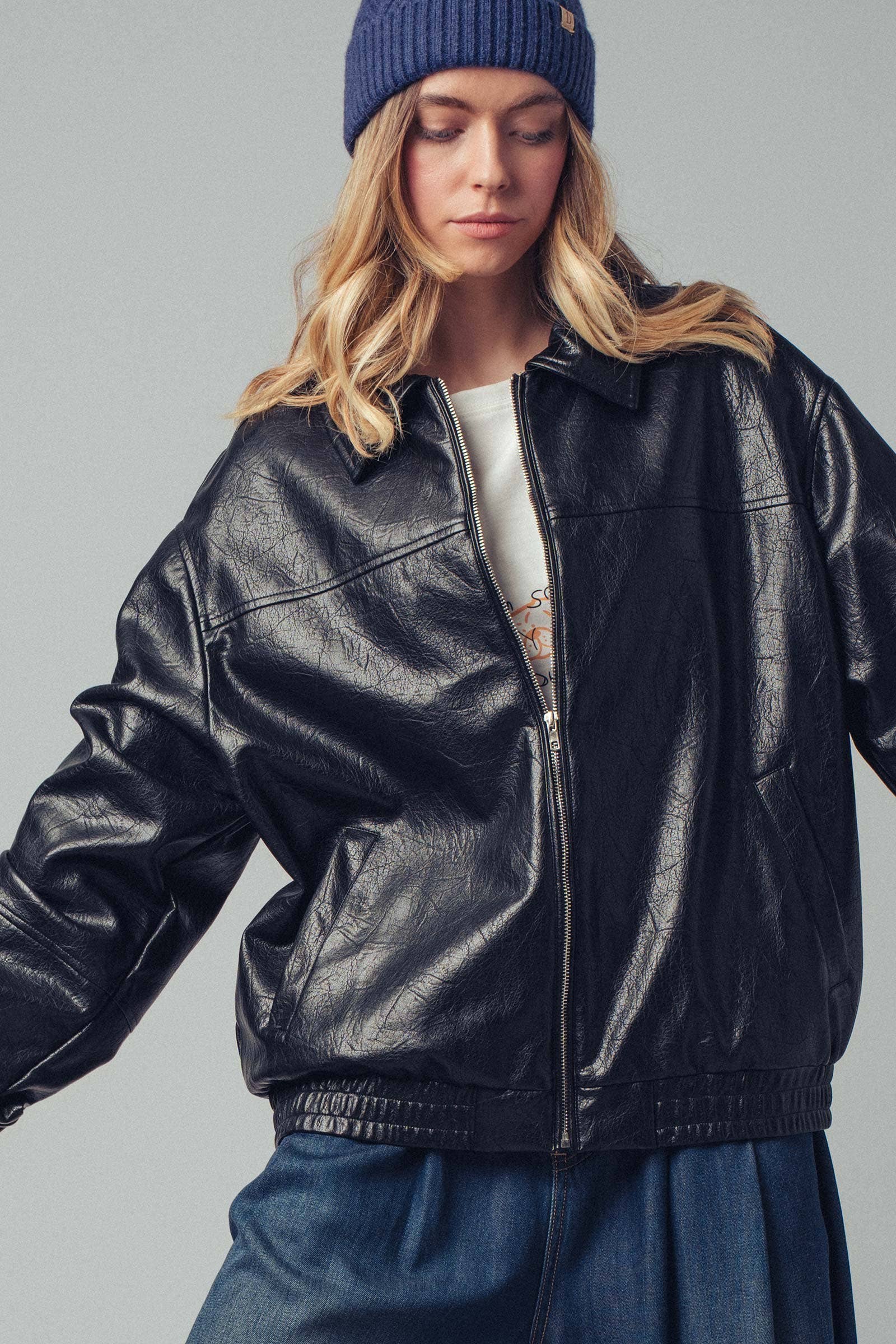 BLACK City Muse Oversized Leather Jacket for wholesale on Faire2