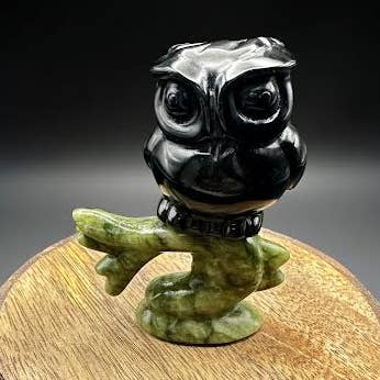 Obsidian Owl on Serpentine Tree for wholesale by Crystal Deal· Wholesale Crystals & Gifts