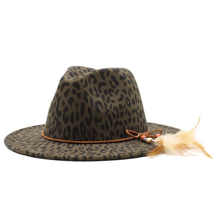 DOUBLJU - Wholesale Fedora - Unisex - LEOPARD PRINT FLAT BRIM WIDE BRIM FEATHER JAZZ HAT_CWAH27332