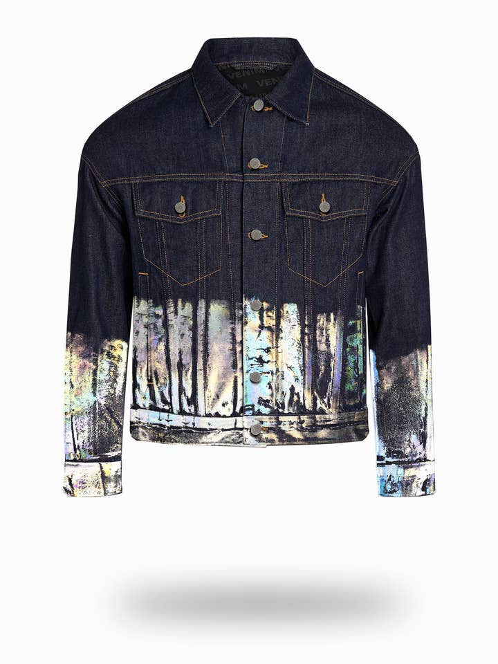 Shorter Indigo Denim Jacket with Holographic Foil for wholesale by VENIM