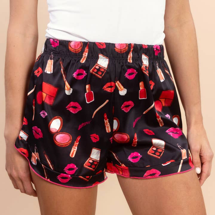 Girly Makeup Pajama Shorts | Glamorous Black Silk PJ Bottoms for wholesale by Amanda Blu