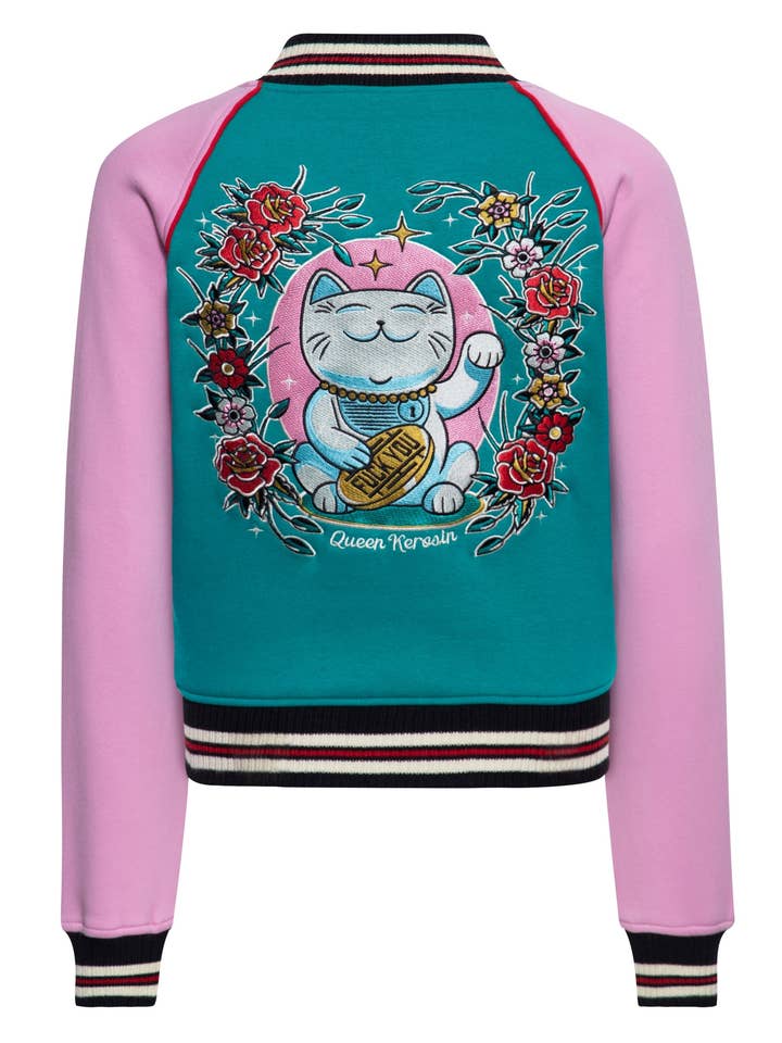 Casaco universitário "Lucky Cat" em verde por atacado de KING KEROSIN