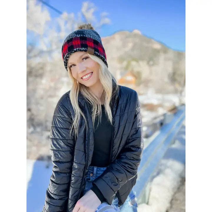 Buffalo Check Mixed Print Fur Pom C.C Beanie HAT2083 for wholesale by C.C Beanie