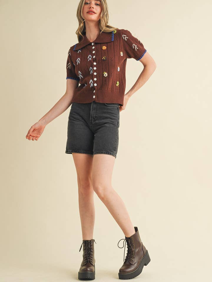 &MERCI - Wholesale Knit Sweater - Women's - HAND EMBROIDERED SHORT SLV BUTTON DOWN SWEATER MSW1095313