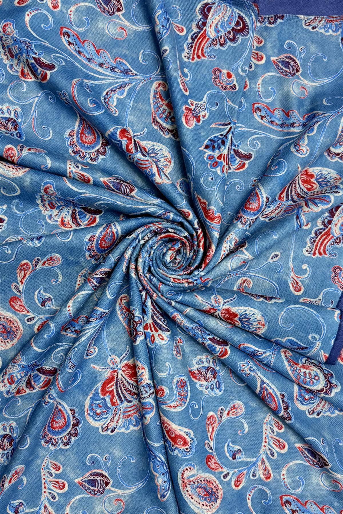 Blue Dreamy Paisley Print Wool Frayed Scarf for wholesale on Faire3