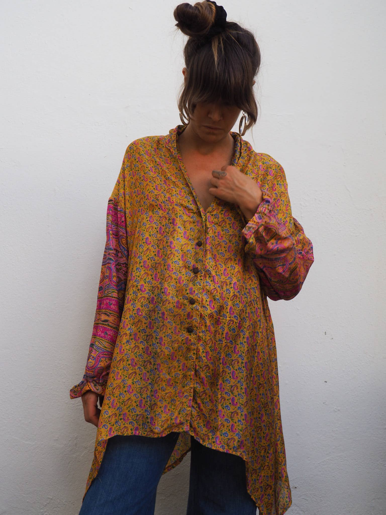 Vagabond Ibiza - Wholesale Button Down Shirt - Women's - The Lucy Long Floaty Shirt Re-cycled sari fabric6