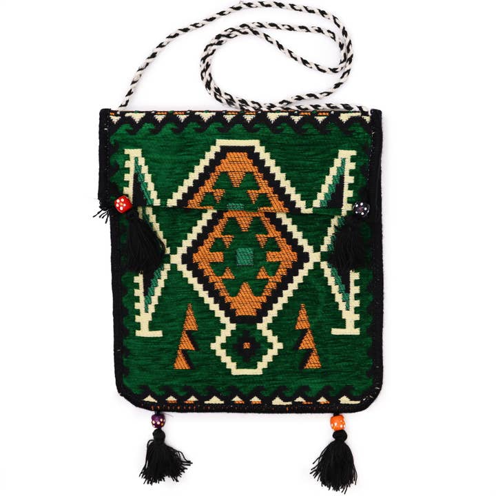 Emerald Green Kilim Messenger Festival Bag for wholesale by Ancient Wisdom