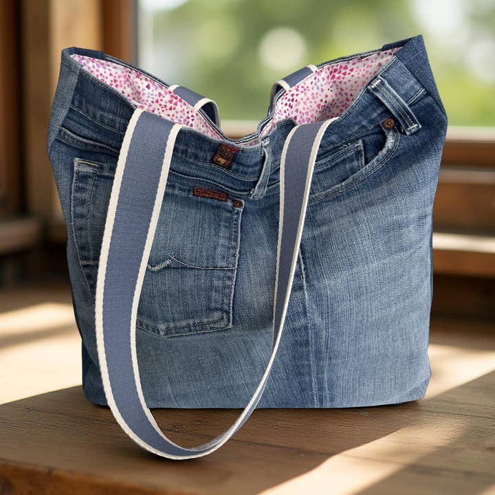 7 FAM Upcycled Premium Denim Tote Bag - mini hearts for wholesale by Indigo Bags