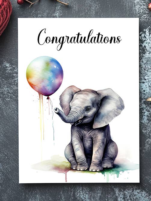 Congratulations Cute Elephant Balloon Card for wholesale by Homemade Hollydays Wholesale