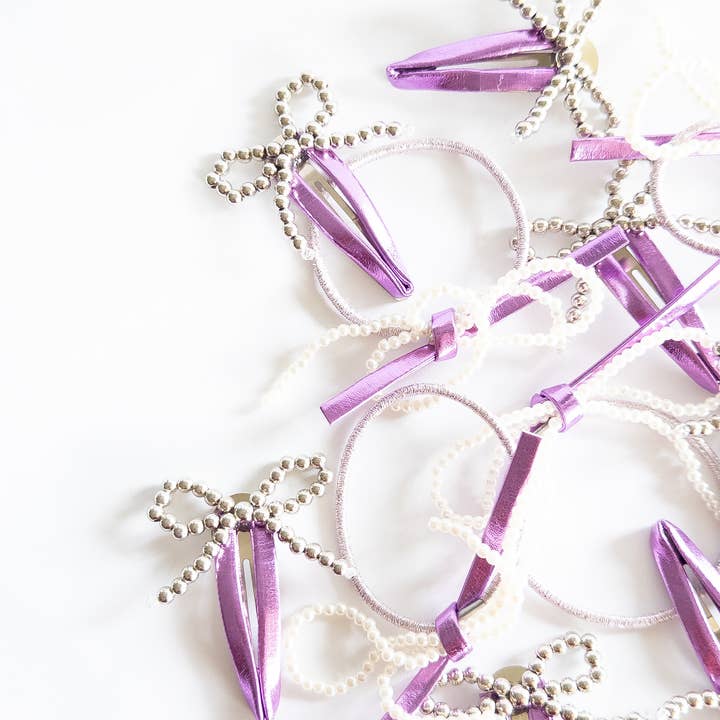 Eggy Cakes - Wholesale Hair accessories set – kids - Metallic and Pearl Beaded Bow Hair Clip and Ties Set1