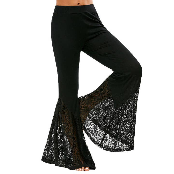 Black Casual Lace Stitching Bell-Bottom Pants Trousers for wholesale on Faire
