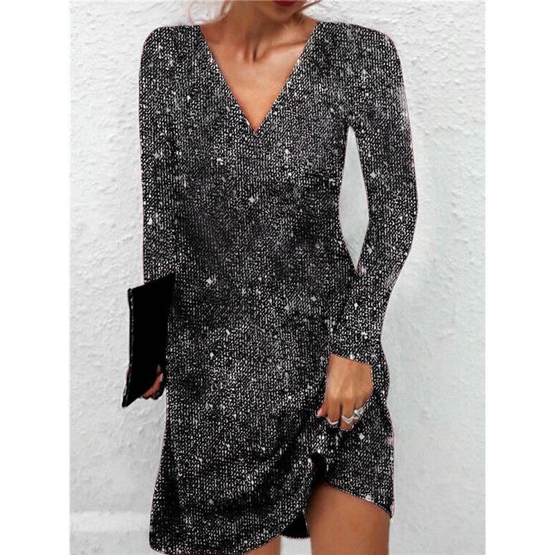 kycozy - Wholesale Dress - Women's - V-Neck Sequin Long Sleeve Short Dress3