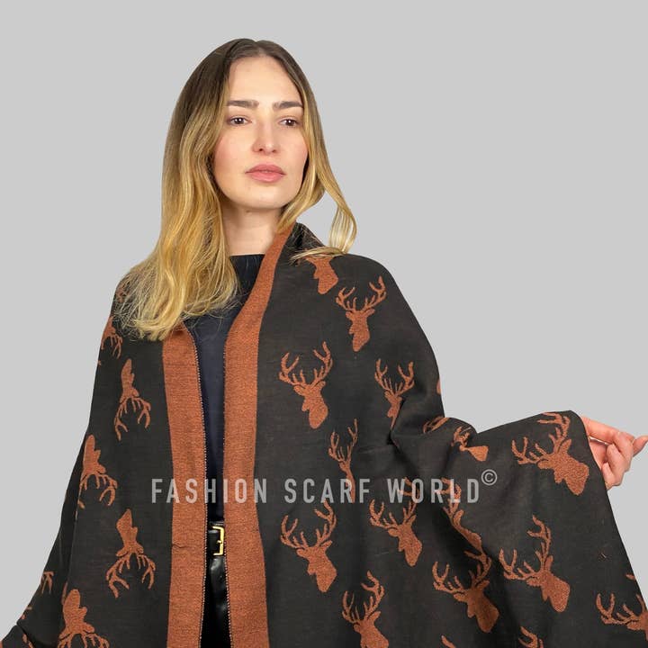 Fashion Scarf World - Wholesale Scarf - Women's - Repeat Stag Print Wool Scarf