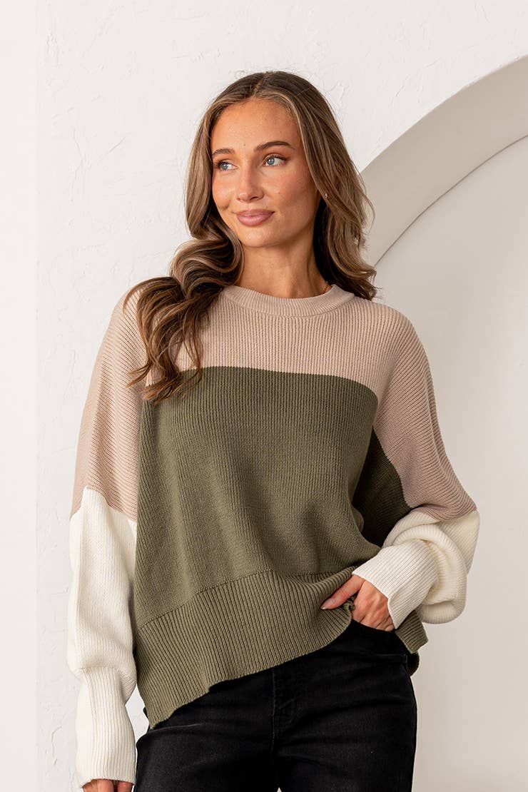 OLIVE TAUPE Plus Oversized Color Block Knit Sweater for wholesale on Faire1