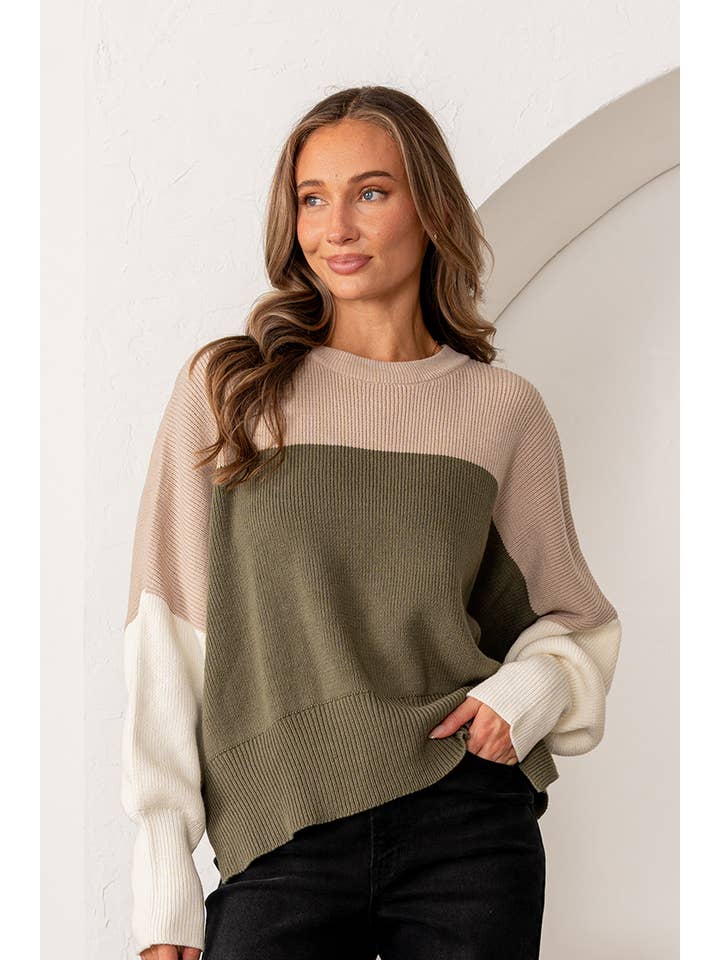 OLIVE TAUPE Plus Oversized Color Block Knit Sweater for wholesale on Faire1