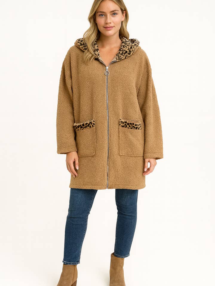 Miss Bold – Engroshandel Jakke - Dame – Italiensk lynlåsdyreprint hætte oversized teddyjakke frakke