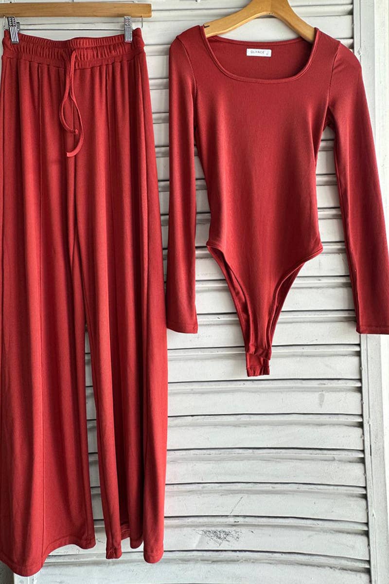 Color 5 - Wholesale Top & Pant Set (NOT Loungewear) - Women's - Long sleeve slinky bodysuit with matching flare pants set 8