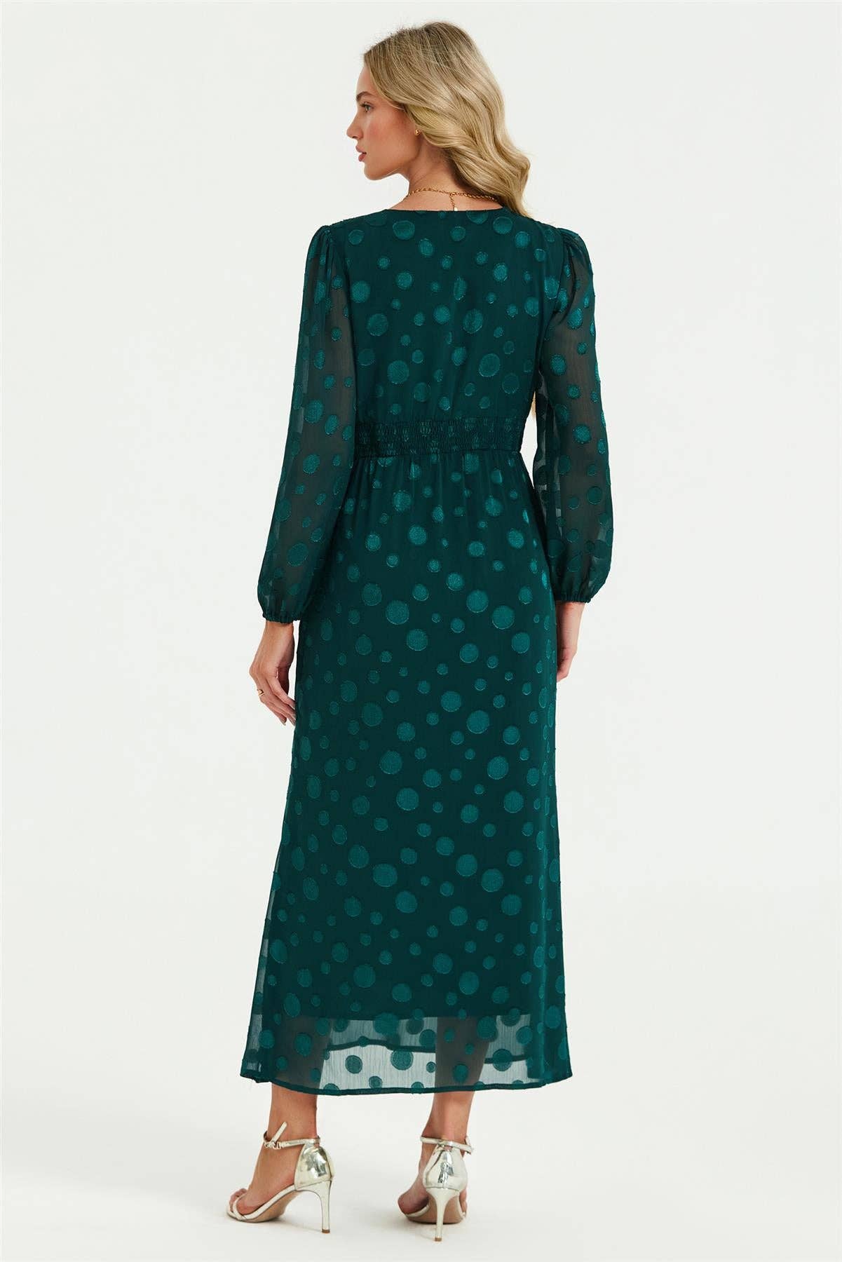 Donkergroen Maxi-jurk met lange mouwen, stippenjacquard en kanten afwerking in groen. voor groothandel op Faire2