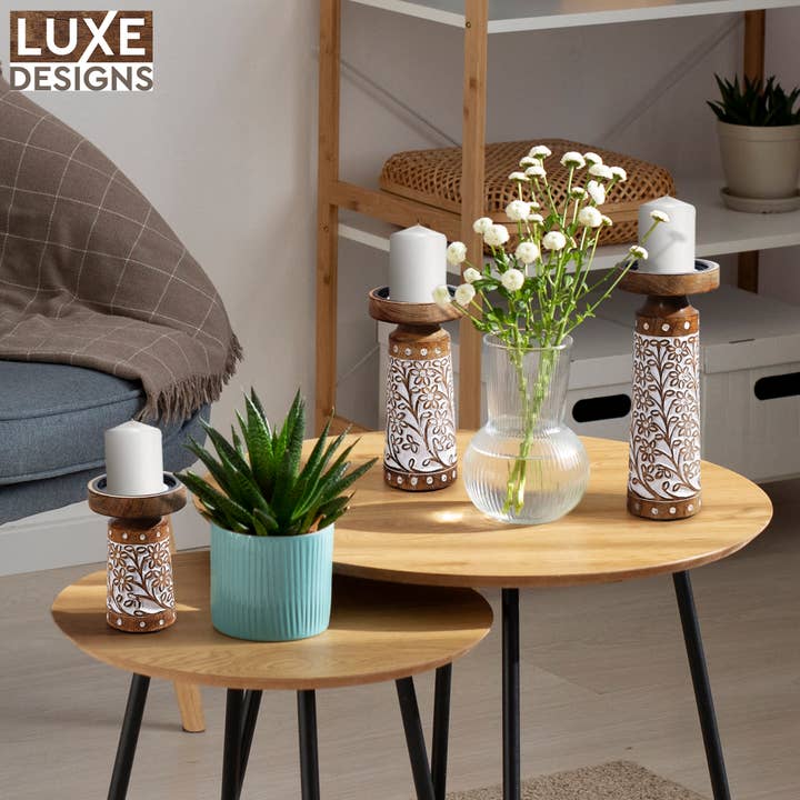 LuxeDesigns Co LLC - Wholesale Candle Holder - Artisan Hand Carved Crafted Thick Wood Candle Holders 3 Pcs7