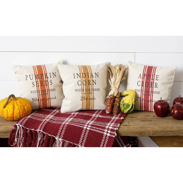 Audrey's Home & Gift - Wholesale Throw/Decorative Pillow - Grain Sack Pillows - Pumpkin, Apple, Corn (Pk/03 Ast)1