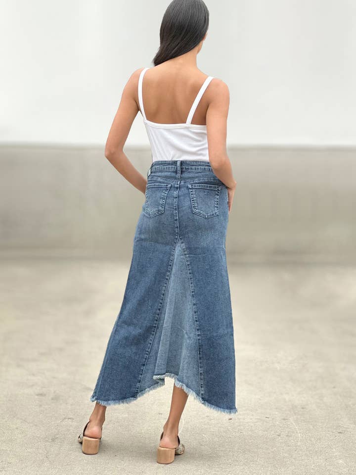 Deep Blue Selma Pieced Demin Maxi Skirt for wholesale on Faire1