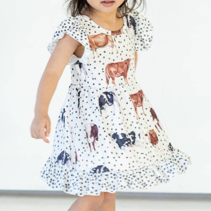 Girl's Black and White Cow Print Cotton Jersey Country Rodeo Dress for wholesale by cuteheads