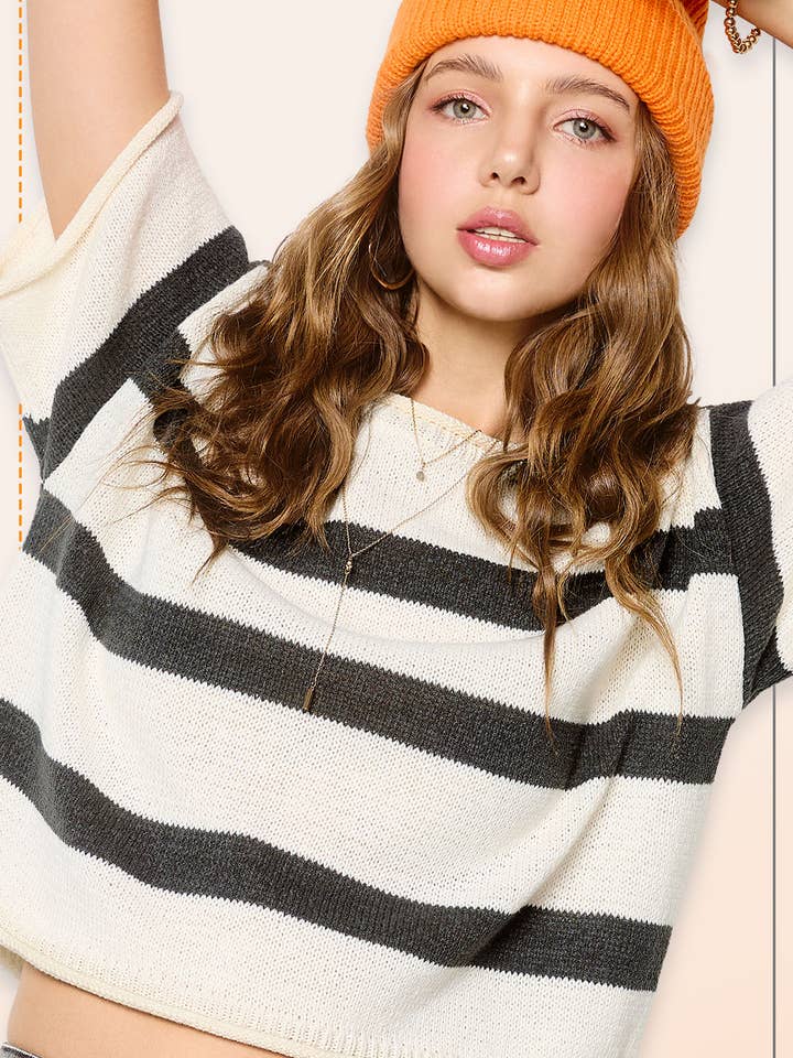 MCS3579-Boxy Silhouette Stripe Lightweight Sweater Top for wholesale by La Miel