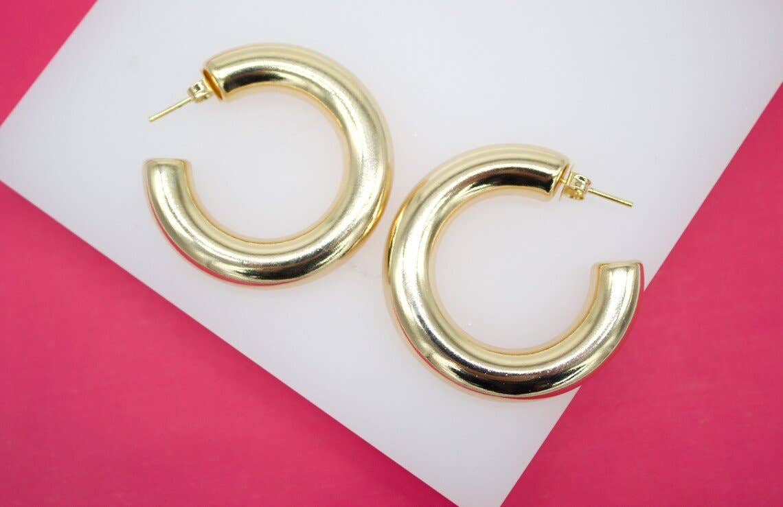 MIA Jewelry - Wholesale Hoop Earrings - 18K Gold Filled 7mm Chunky Thick Open Hoop Stud Hoops (J62)
