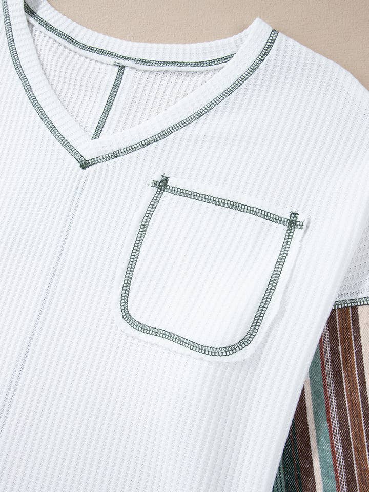 As shown Striped Contrast Stitching Waffle Knit Top | S-XL for wholesale on Faire