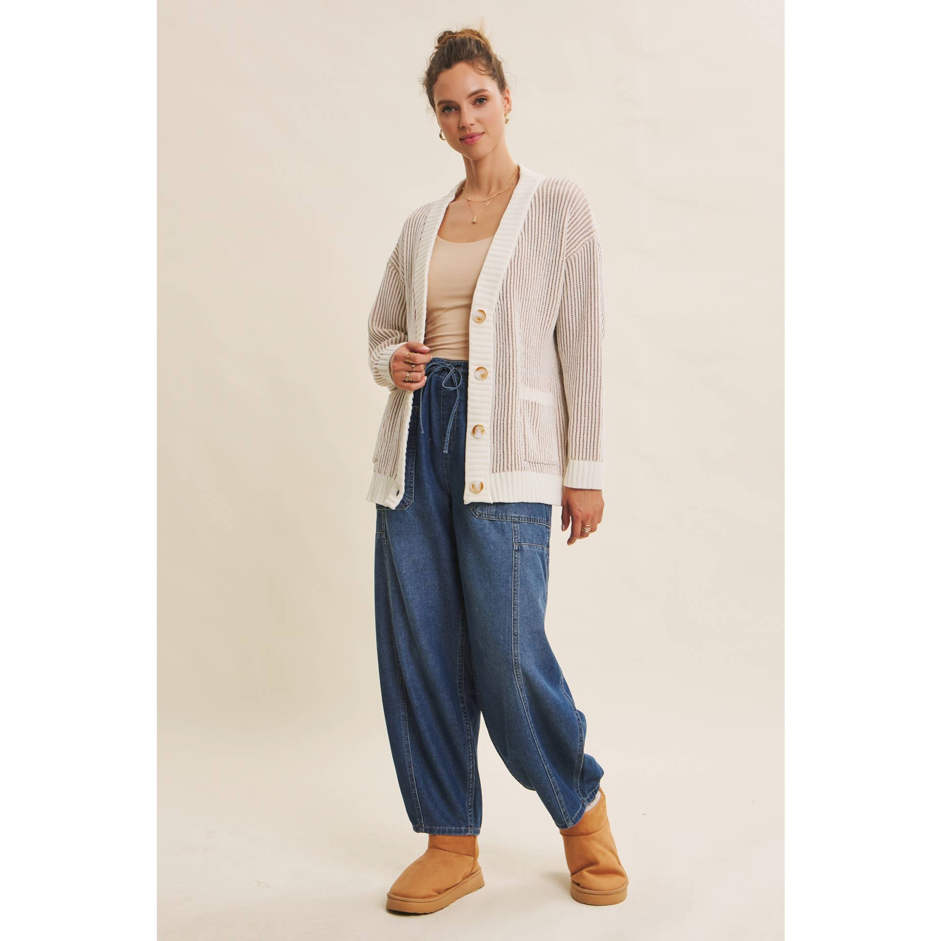 ESSENTIAL DENIM WASHED BALLOON LEG DENIM PANTS for wholesale on Faire6