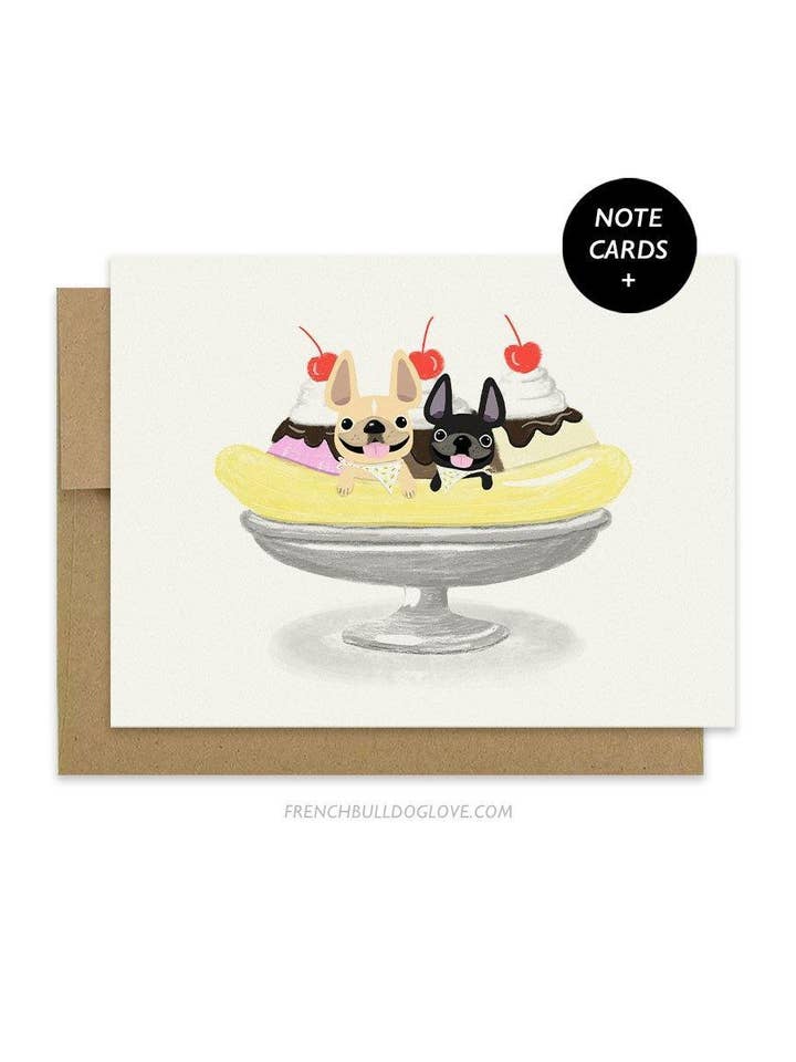Banana Split - 12 Notecard Set for wholesale by French Bulldog Love